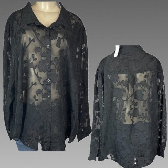 Torrid Tops - Torrid +5 Black Button Down Collar Sheer Chiffon Clip Floral Long Sleeve Shirt